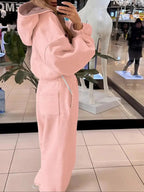 Ensemble ample à capuche avec cordon de serrage taille, couleur unie, style sport décontracté pour femme