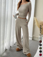 Completo casual da donna a righe con top a maniche lunghe e pantaloni ampi con tasche, abbigliamento femminile in stile europeo, comodo per l'uso quotidiano
