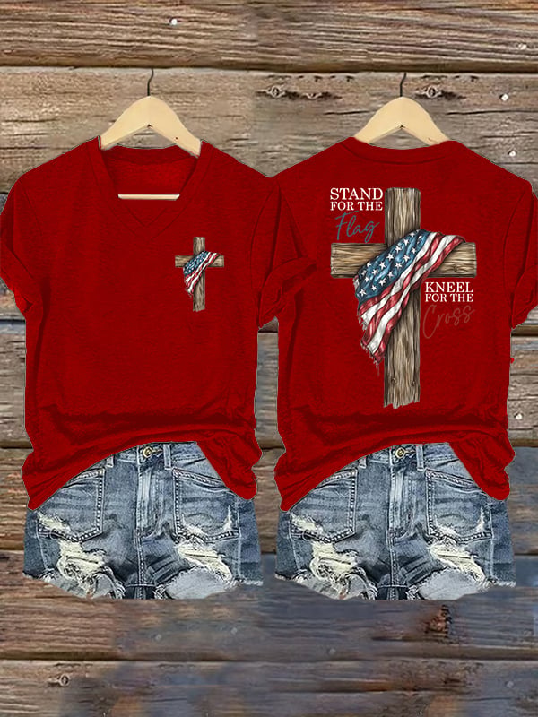 Women's Stand For The Flag Kneel For The Cross Printed Casual T-Shirt