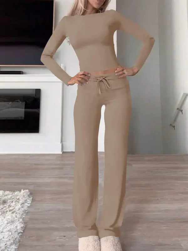 Completo da Casa da Donna Tinta Unita con Arricciature e Coulisse, Top Casual a Maniche Lunghe con Scollo Rotondo e Pantaloni a Gamba Larga con Tasche, Pigiama da Donna per Tutte le Stagioni