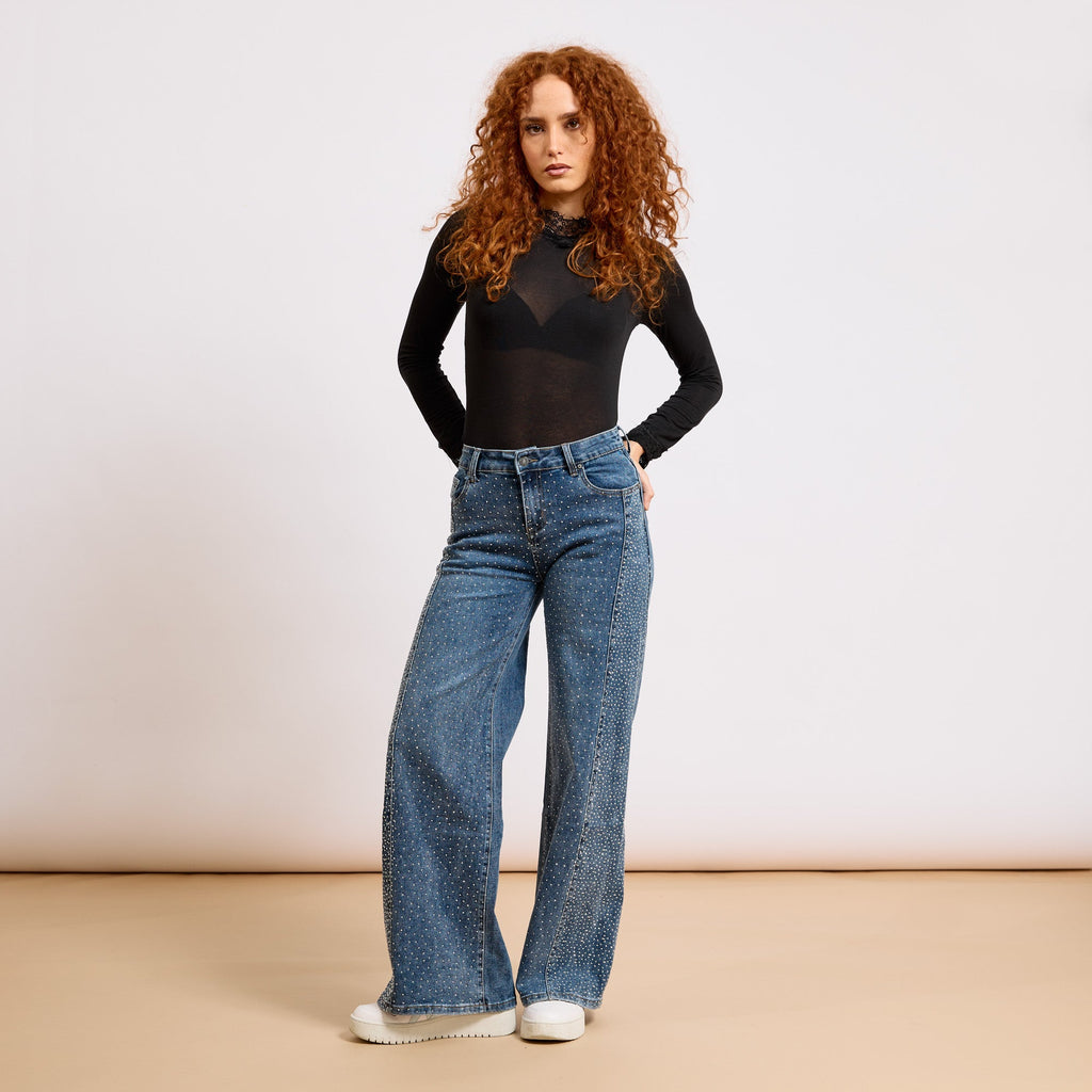 [2026.NOHO] Jeans Elasticizzato A Palazzo Con Strass