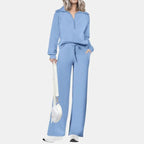 Ensemble de survêtement décontracté 2 pièces pour femme - Sweat-shirt à demi-zip et pantalon large avec cordon de serrage - Haut et pantalon de survêtement assortis pour le confort