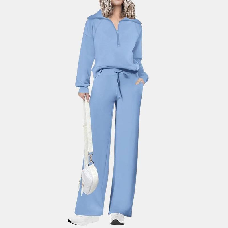 Ensemble de survêtement décontracté 2 pièces pour femme - Sweat-shirt à demi-zip et pantalon large avec cordon de serrage - Haut et pantalon de survêtement assortis pour le confort