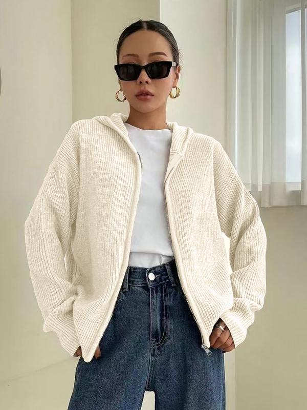 Women's Solid Color Zip Up Hooded Sweater Cardigan, Casual Long Sleeve Knitwear for Fall & Winter, Fashion Ladies' Knit Clothing for Daily Wear