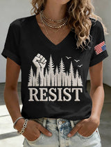 V-Neck Retro Resist Save The Forest Service Print T-Shirt