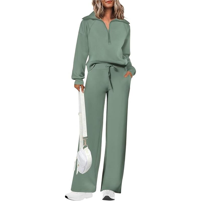 Ensemble de survêtement décontracté 2 pièces pour femme - Sweat-shirt à demi-zip et pantalon large avec cordon de serrage - Haut et pantalon de survêtement assortis pour le confort