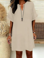Vestito Midi da Donna a Maniche Corte con Scollo a V, Vestito Casual Chic con Spalle Scivolate e Linea ad A per l'Estate, Vestito Comodo ed Elegante