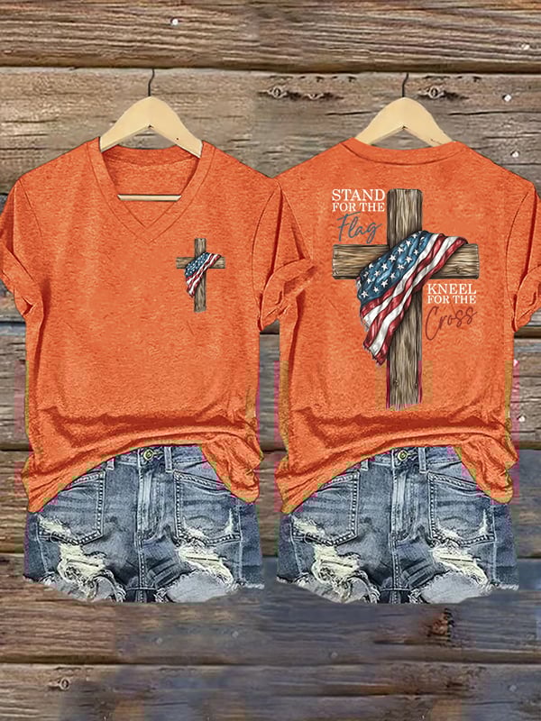Women's Stand For The Flag Kneel For The Cross Printed Casual T-Shirt
