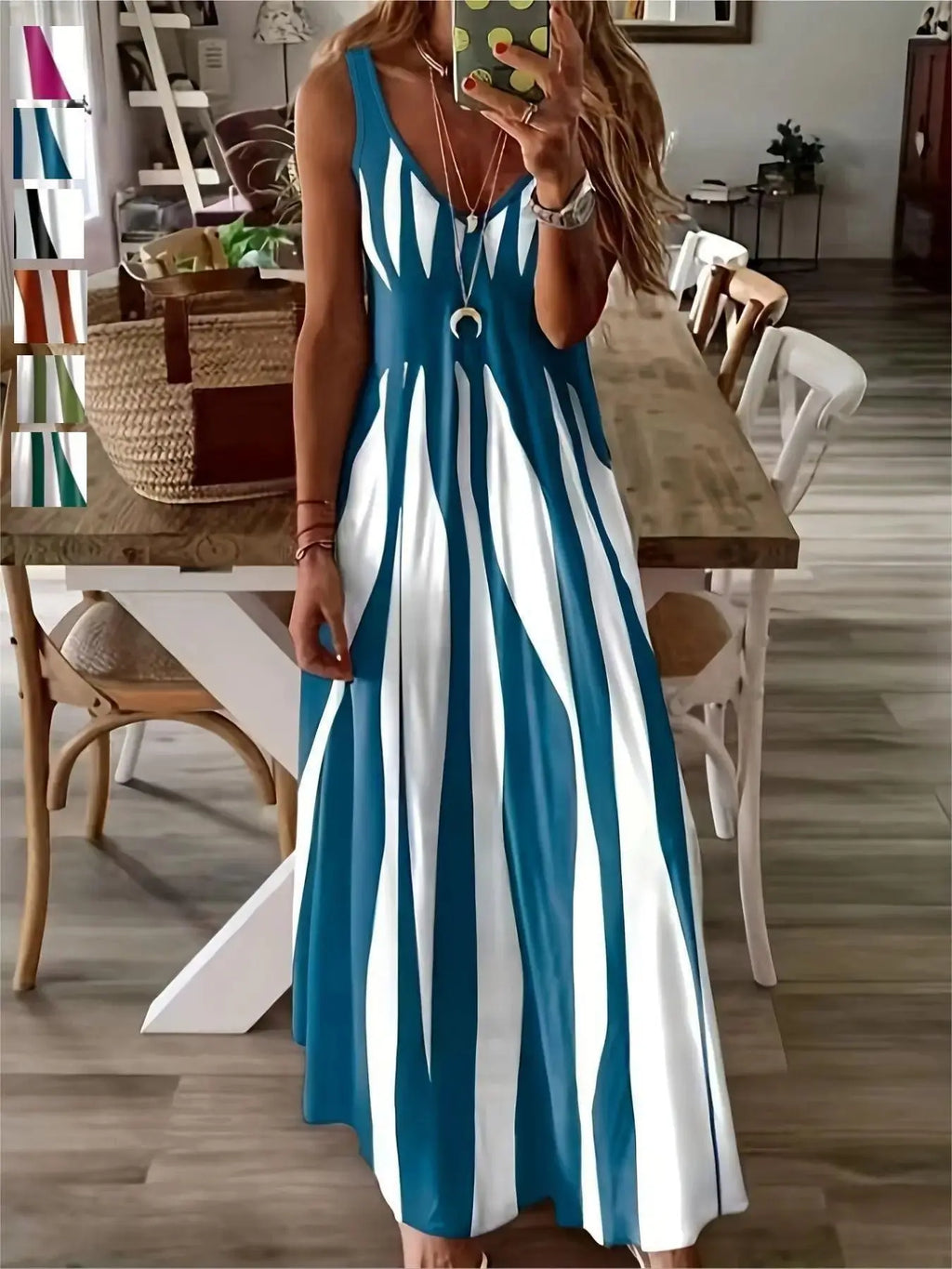 Women's Casual Sleeveless Striped V-Neck Long Dress