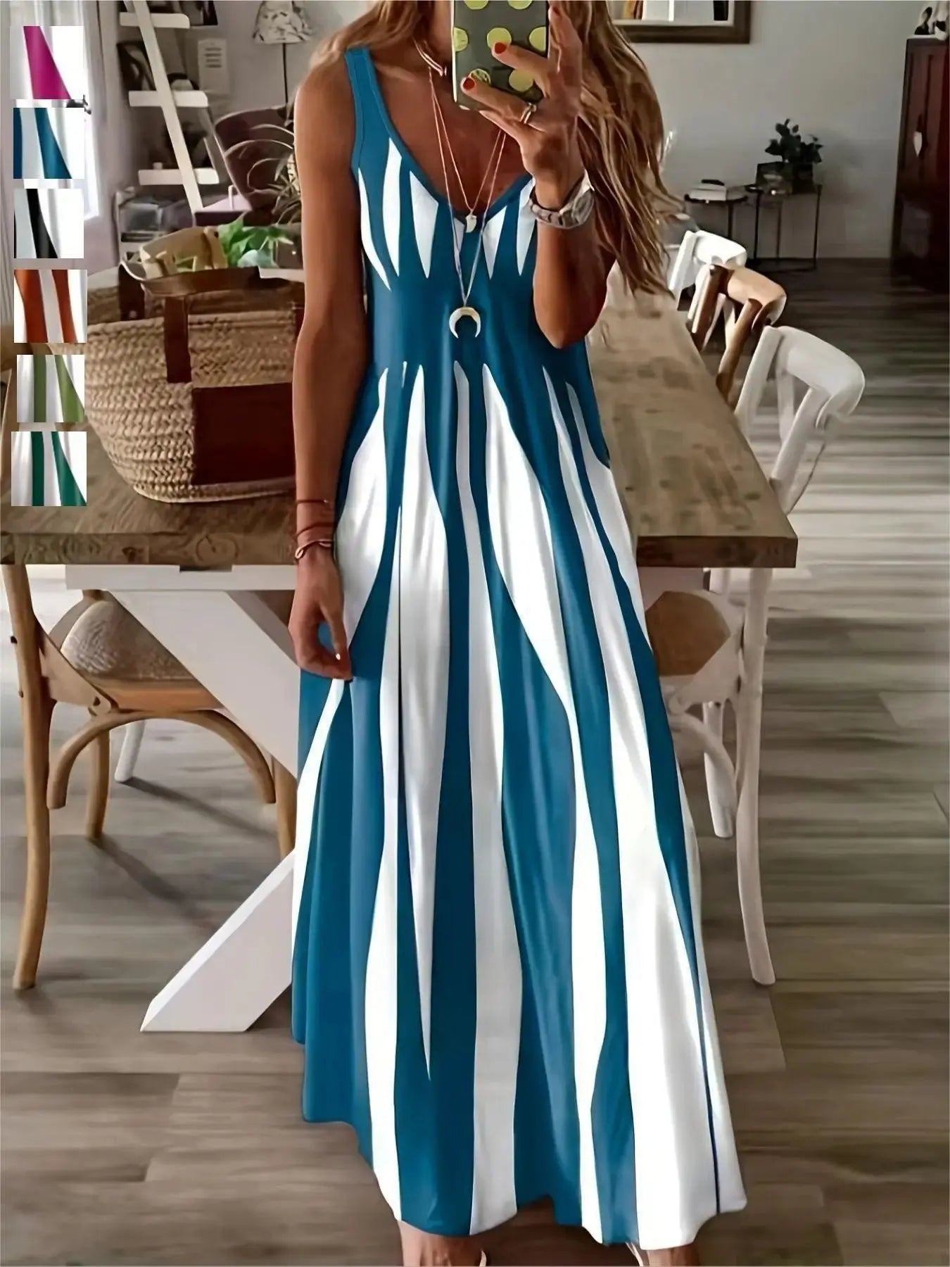 Women's Casual Sleeveless Striped V-Neck Long Dress