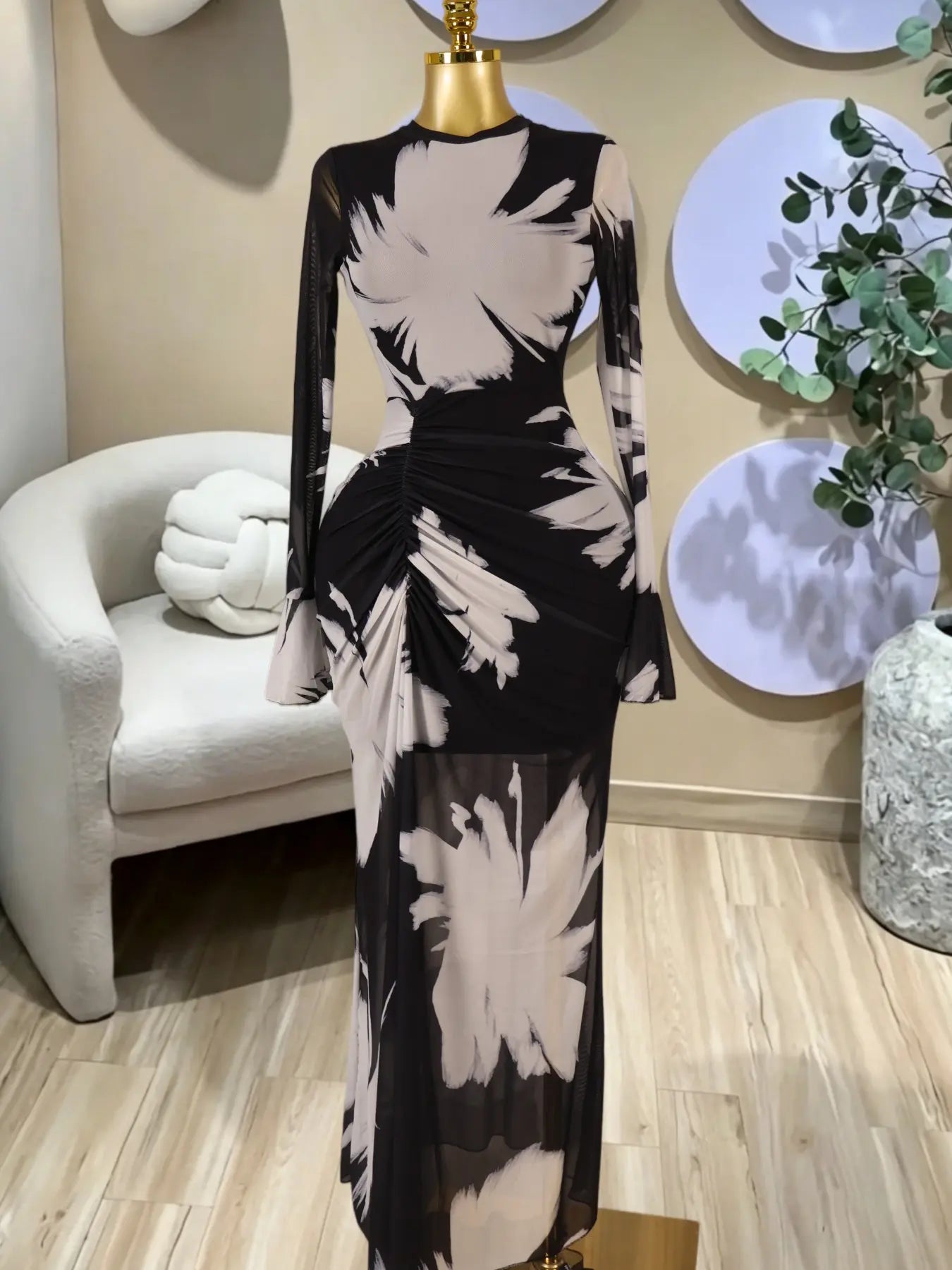 Elegant Women's All Over Print Long Sleeve Ruched Long Prom Dress