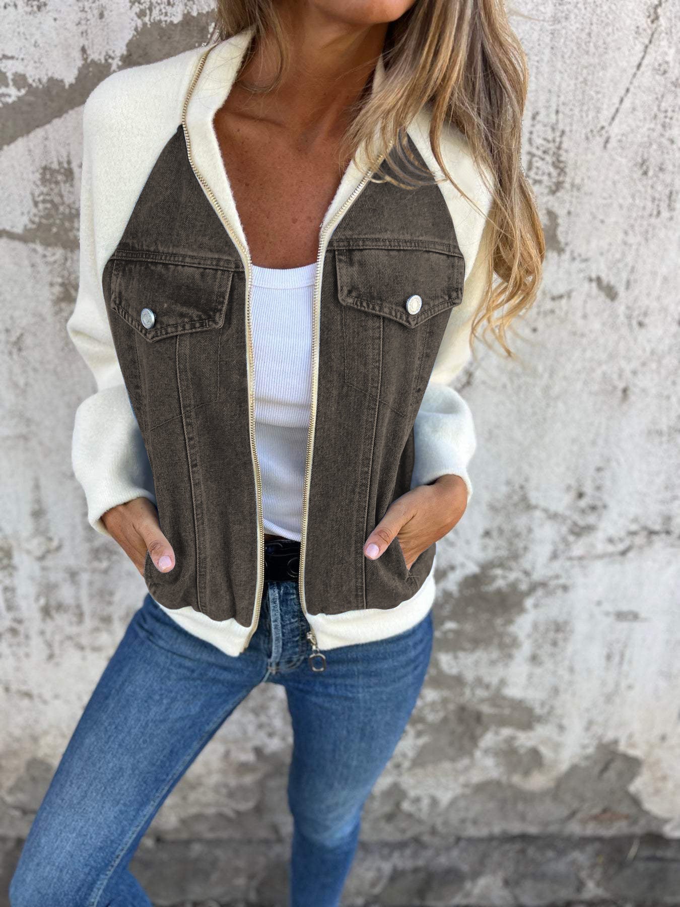 Veste zippée décontractée à col en V