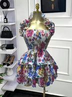 Women's Floral Print Backless Strapless Layered Ruffle Mini Dress