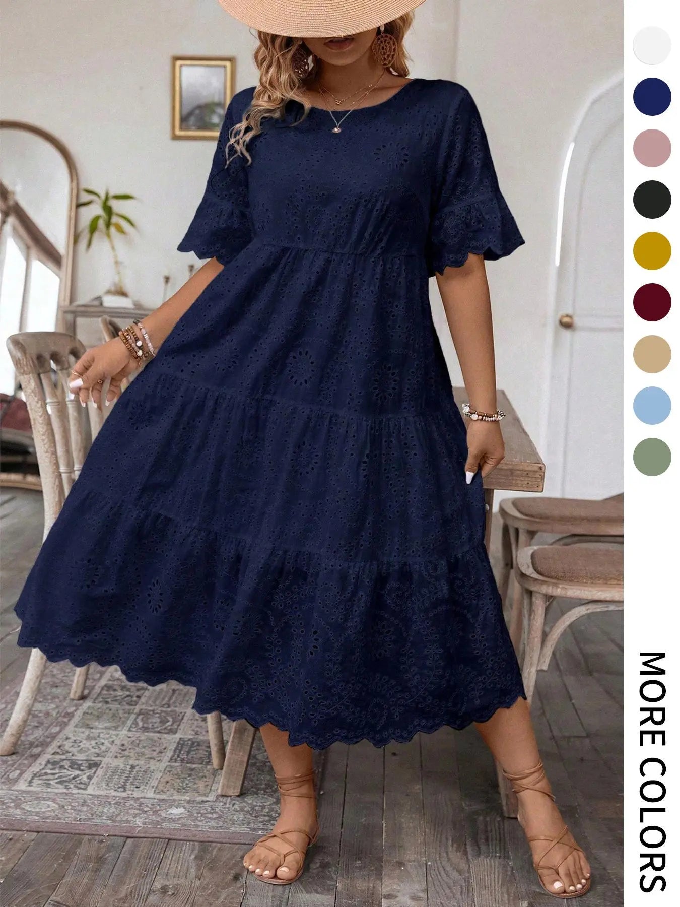【Grande Taille】 Robe Unie Broderie Anglaise, Robe Bohème à Col Rond pour Vacances et Usage Quotidien – Vêtements d'Été pour Femmes
