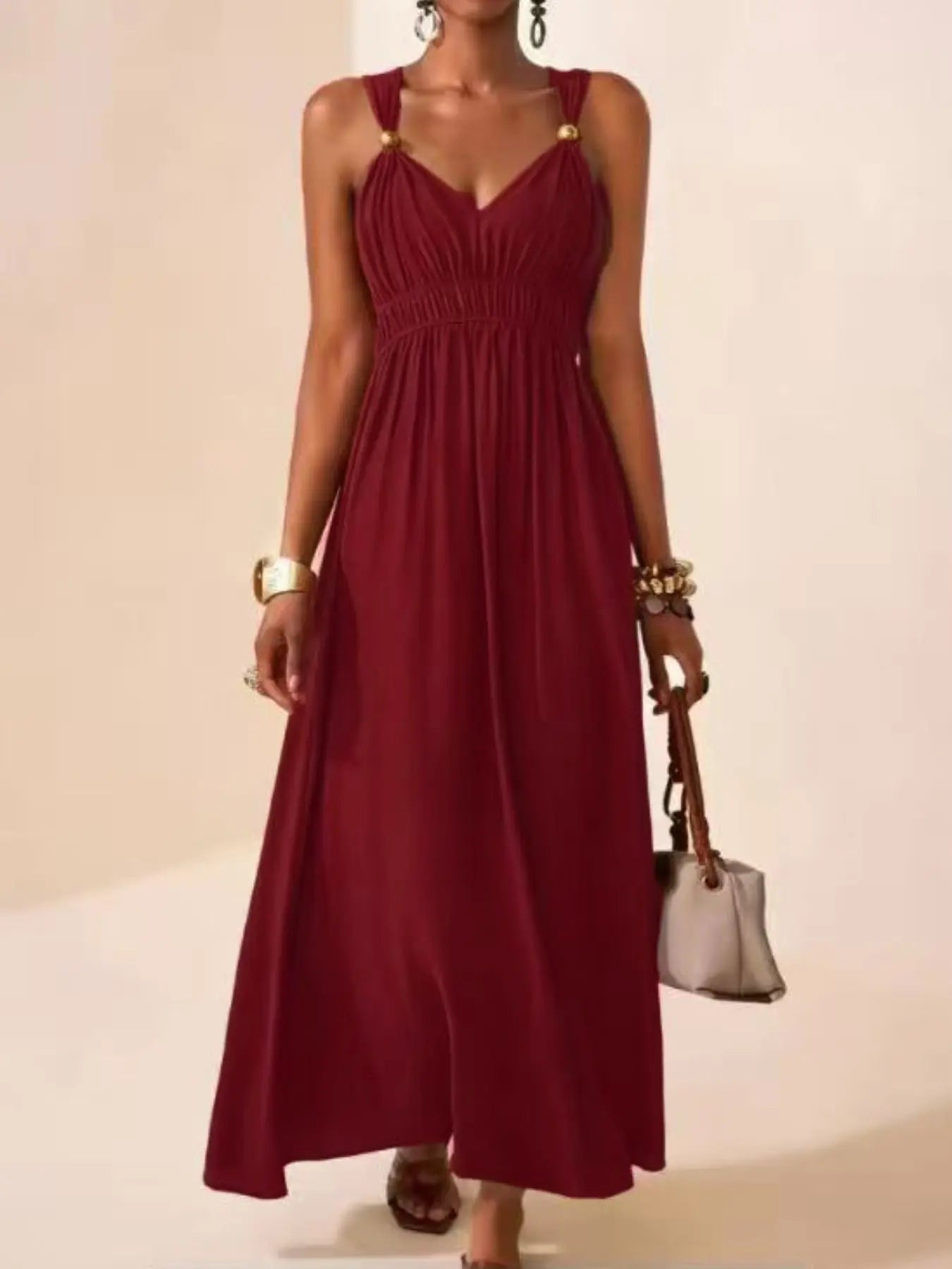 Long Sleeveless Thin Strap Deep V Neck Elegant A-Line Dress