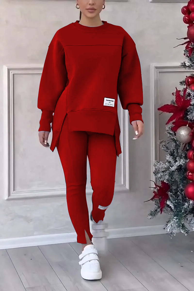 (NESSUNA STAMPA SUL RETRO) Completo da donna casual tinta unita girocollo manica lunga felpa con spacchi e leggings