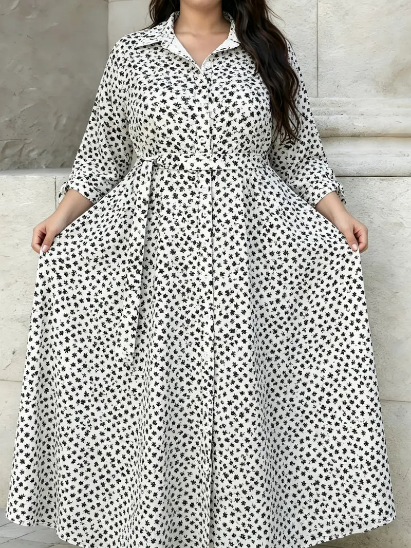 Abito a camicia a pois taglie forti con cintura e bottoni frontali