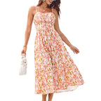 Robe longue bohème décontractée pour femme - Robe d'été à bretelles spaghetti smockée à volants avec poches, grande taille, vêtements bohèmes pour femme