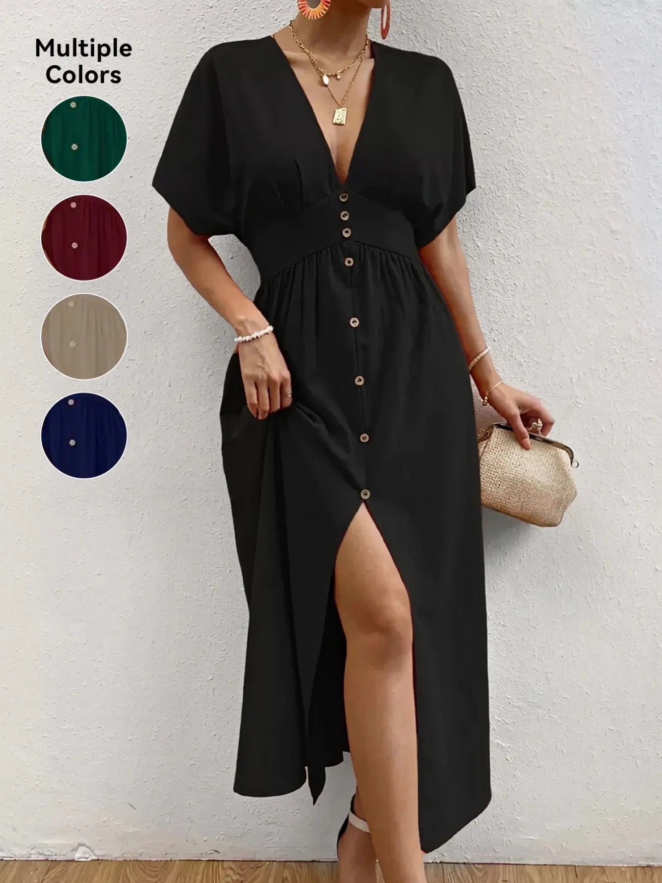 Robe boutonnée unie à manches courtes pour femme, pièce élégante, robe chic pour fête, vacances, invitée de mariage, vêtements d'été pour femme