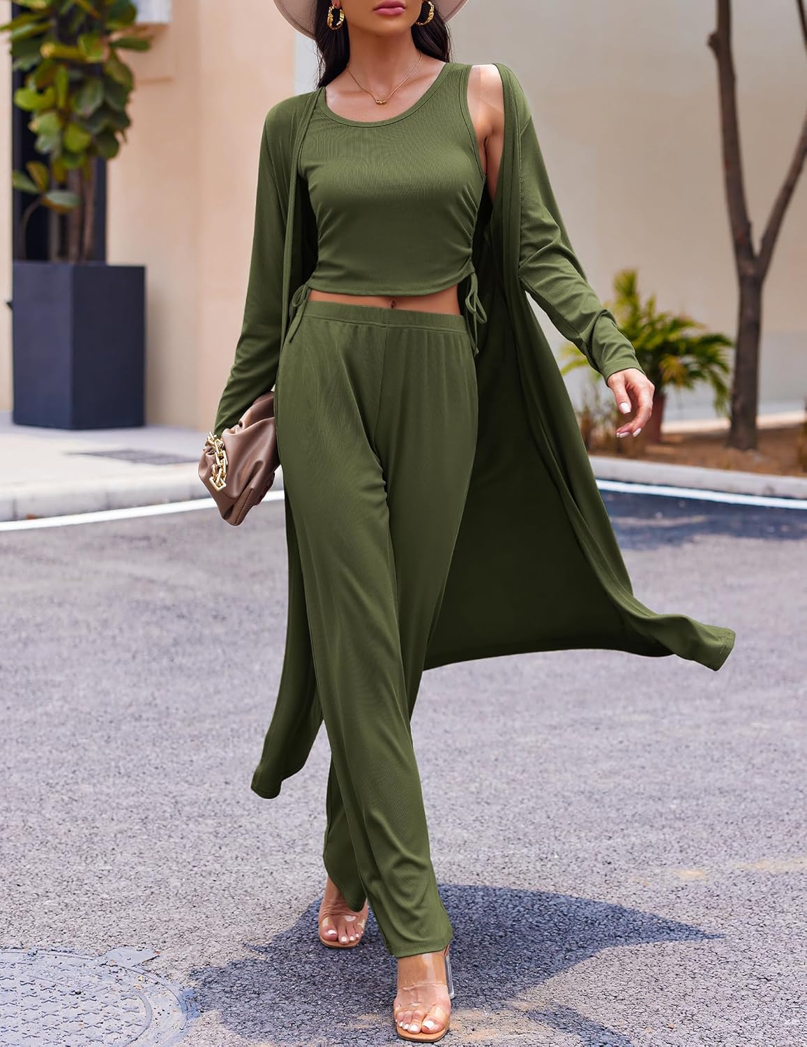 Ensemble de pyjama 3 pièces pour femme - Cardigan à manches longues, débardeur et pantalon de survêtement