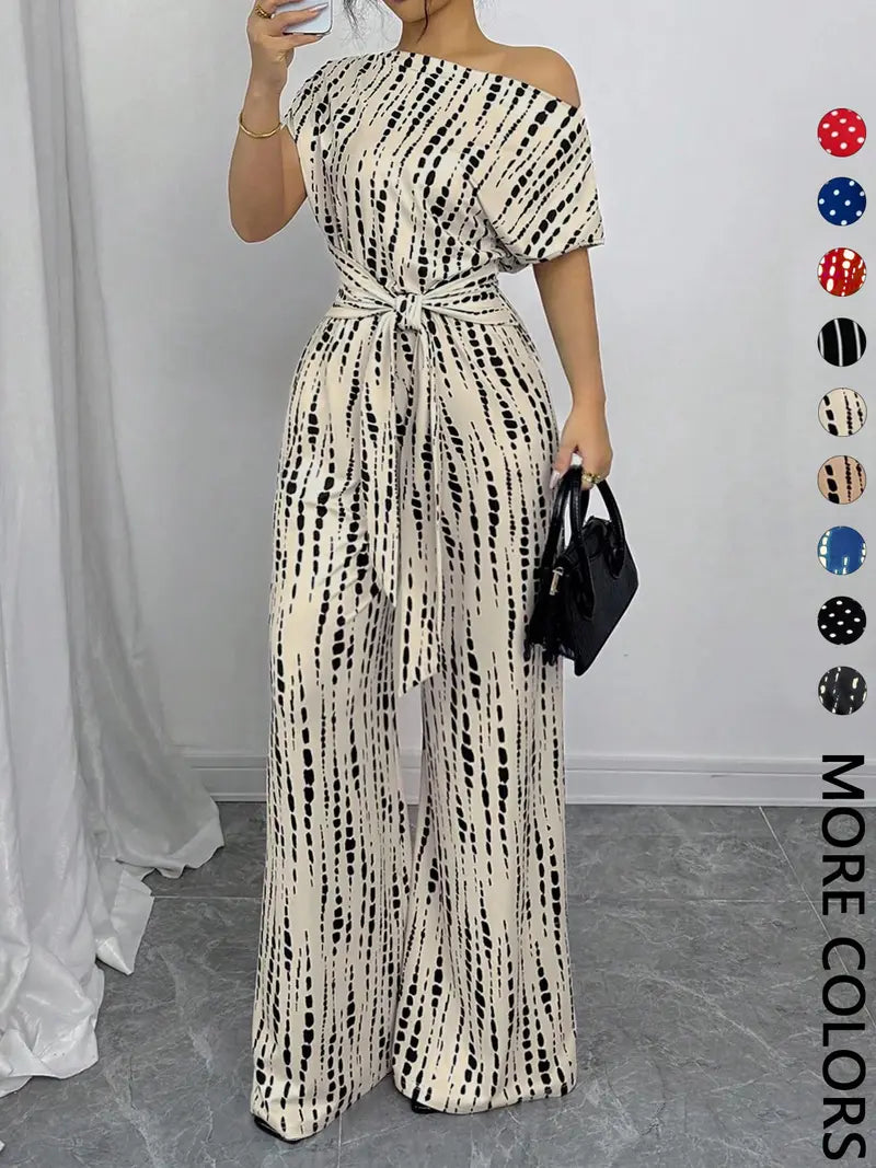 Combinaison Femme à Imprimé Intégral avec Nœud sur le Devant, Combinaison Décontractée à Col Asymétrique pour le Printemps et l'Automne, Vêtements pour Femmes à Porter au Quotidien