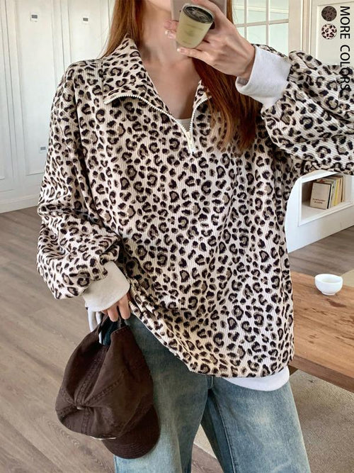 Felpa da donna casual con zip frontale a maniche lunghe stampa leopardata, abbigliamento autunnale