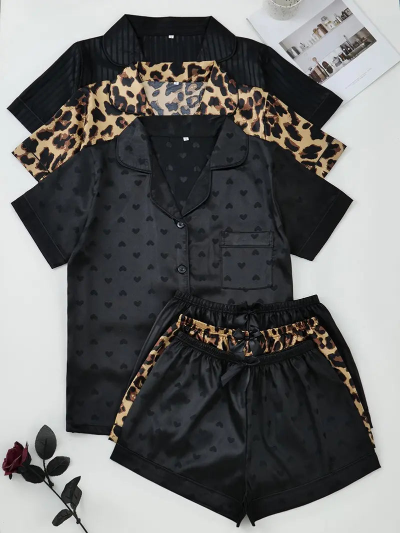 Ensemble de pyjama pour femme de couleur unie avec nœud contrastant, chemise à manches courtes boutonnée avec col à revers et short, pyjama d'été pour femme et vêtements de détente