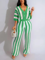 Women's Color-Block Striped Cutout Button-Front Top & Wide-Leg Pants Two-Piece Set