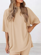 Ensemble T-shirt uni et short moulant pour femme, vêtement de nuit décontracté d'été à col rond, confortable, avec poches, pour l'extérieur
