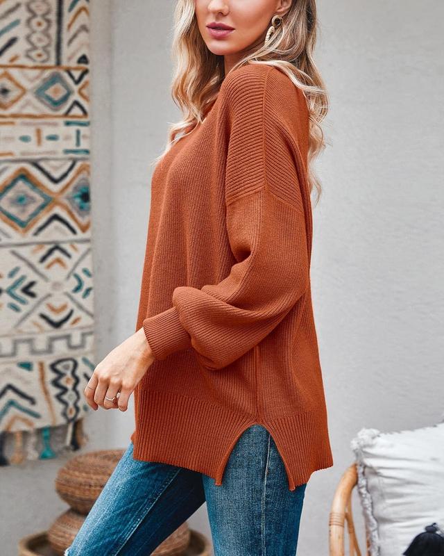 Pull Tunique Oversize Femme, Ample, Manches Longues, Tricot Côtelé, Fentes Latérales