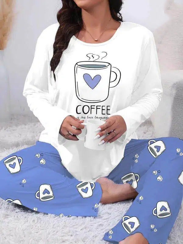 Ensemble de pyjama 2 pièces grande taille confortable avec impression cœur et lettres, haut à manches longues et pantalon, vêtements de nuit décontractés pour toutes les saisons