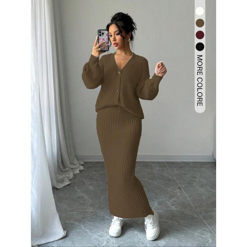 Set due pezzi da donna, maglione e gonna lunga a tinta unita con bottoni, top casual a maniche lunghe con spalle scese in maglia e gonna a vita alta per l'uso quotidiano all'aperto, maglieria da donna per l'autunno e l'inverno