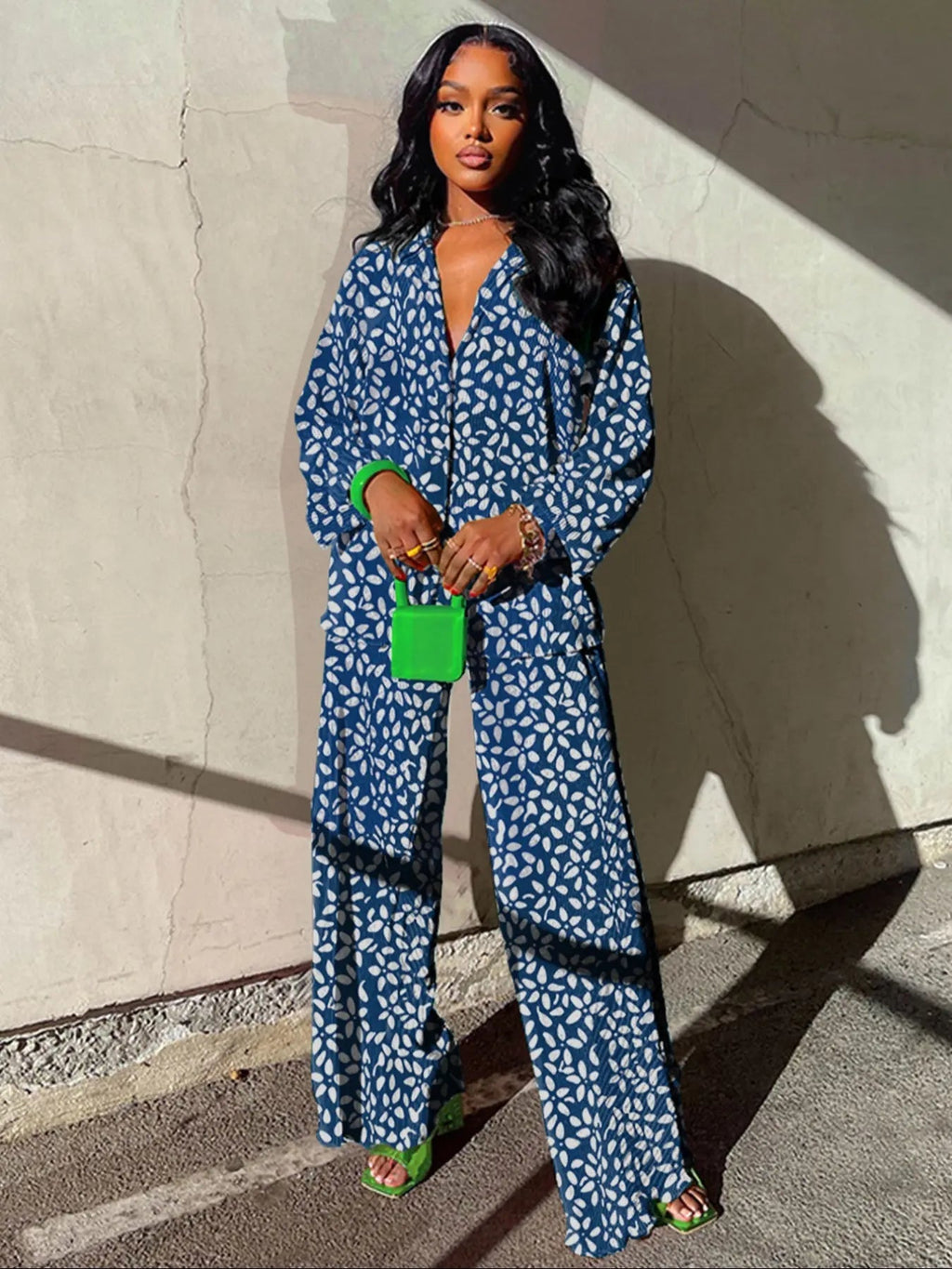 Ensemble deux pièces chemise unie boutonnée et pantalon taille élastique pour femme