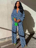 Ensemble deux pièces chemise unie boutonnée et pantalon taille élastique pour femme