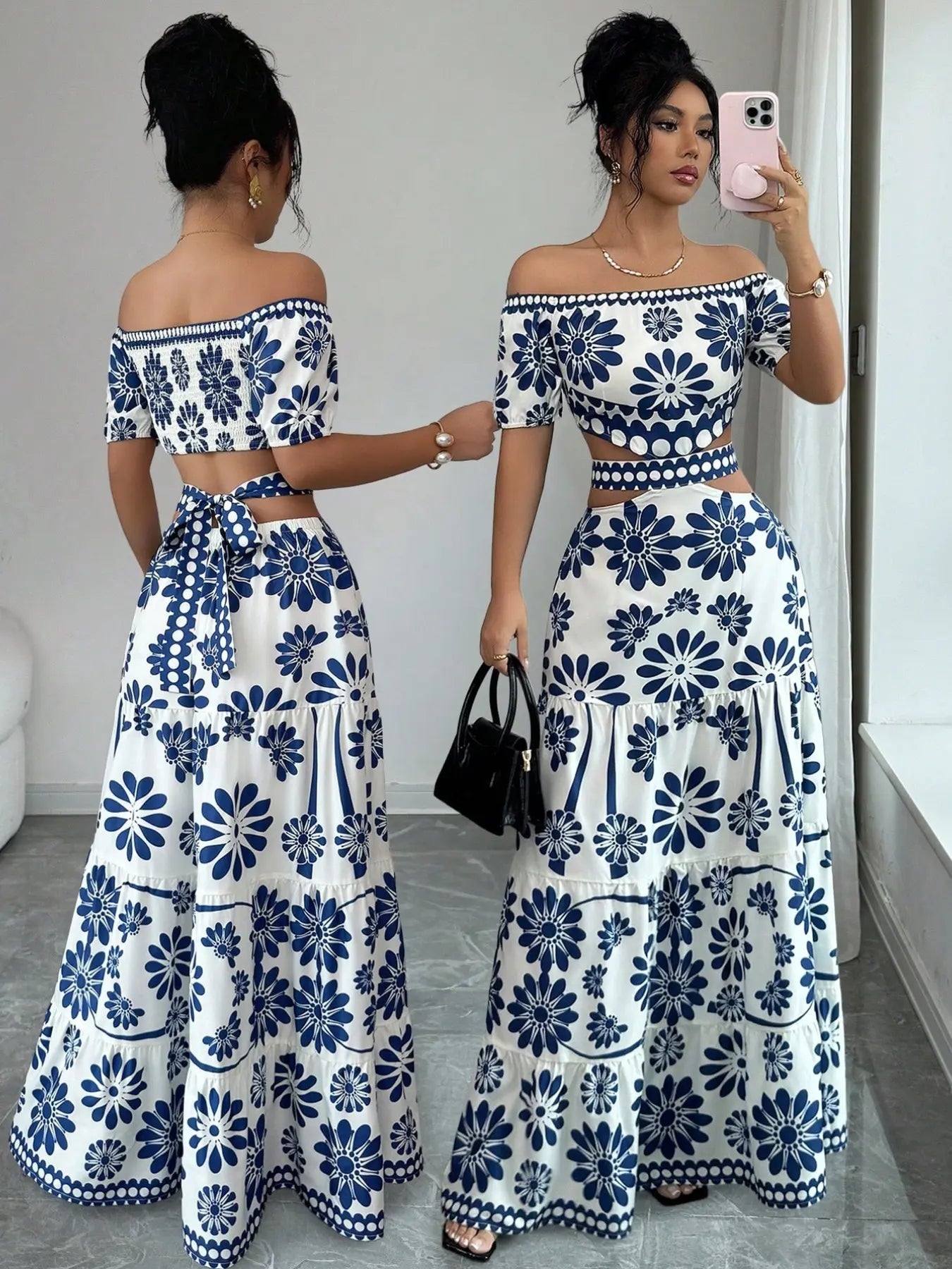 Robe florale courte à épaules dénudées avec découpes à la taille pour femme