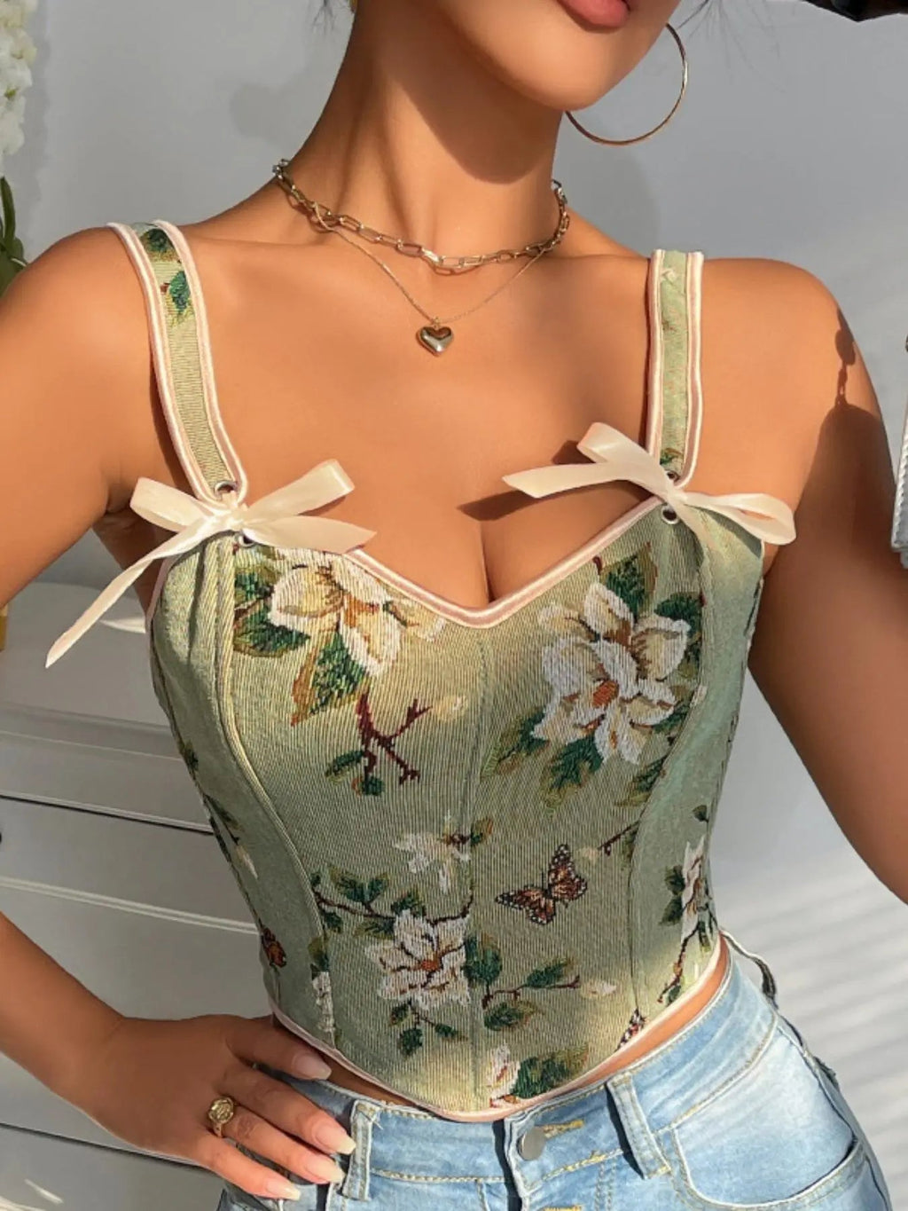 Canotta modellante da donna con stampa floreale, struttura a corsetto allacciato regolabile, canotta modellante alla moda con fiocco decorativo per uso quotidiano, modellatore contenitivo per donna