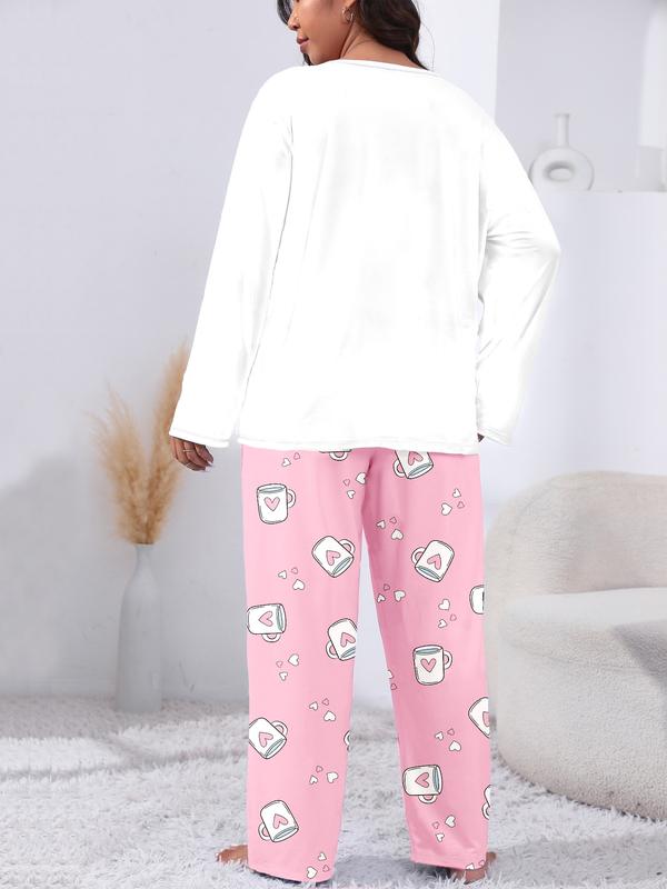 Ensemble de pyjama 2 pièces grande taille confortable avec impression cœur et lettres, haut à manches longues et pantalon, vêtements de nuit décontractés pour toutes les saisons