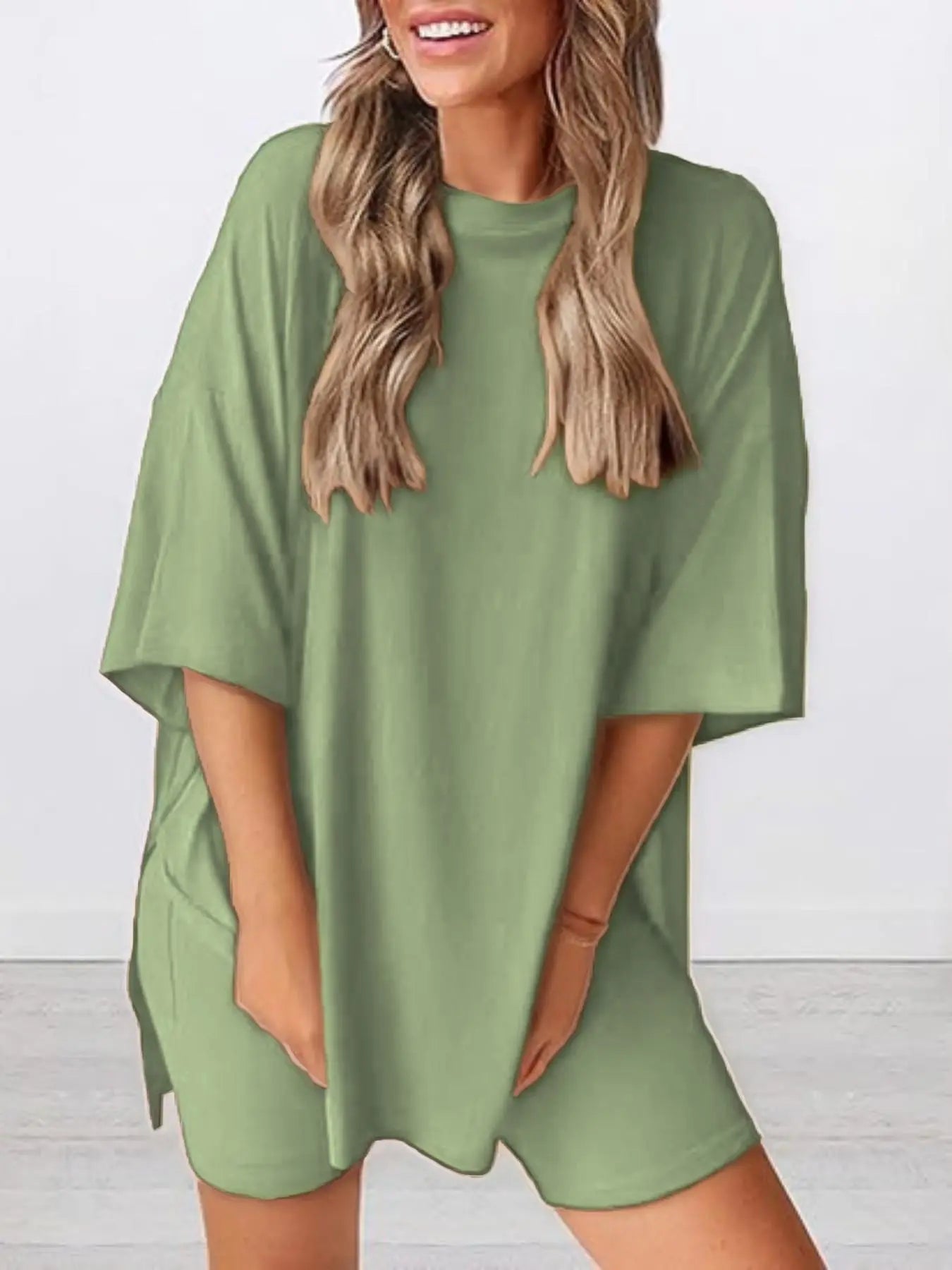 Ensemble T-shirt uni et short moulant pour femme, vêtement de nuit décontracté d'été à col rond, confortable, avec poches, pour l'extérieur