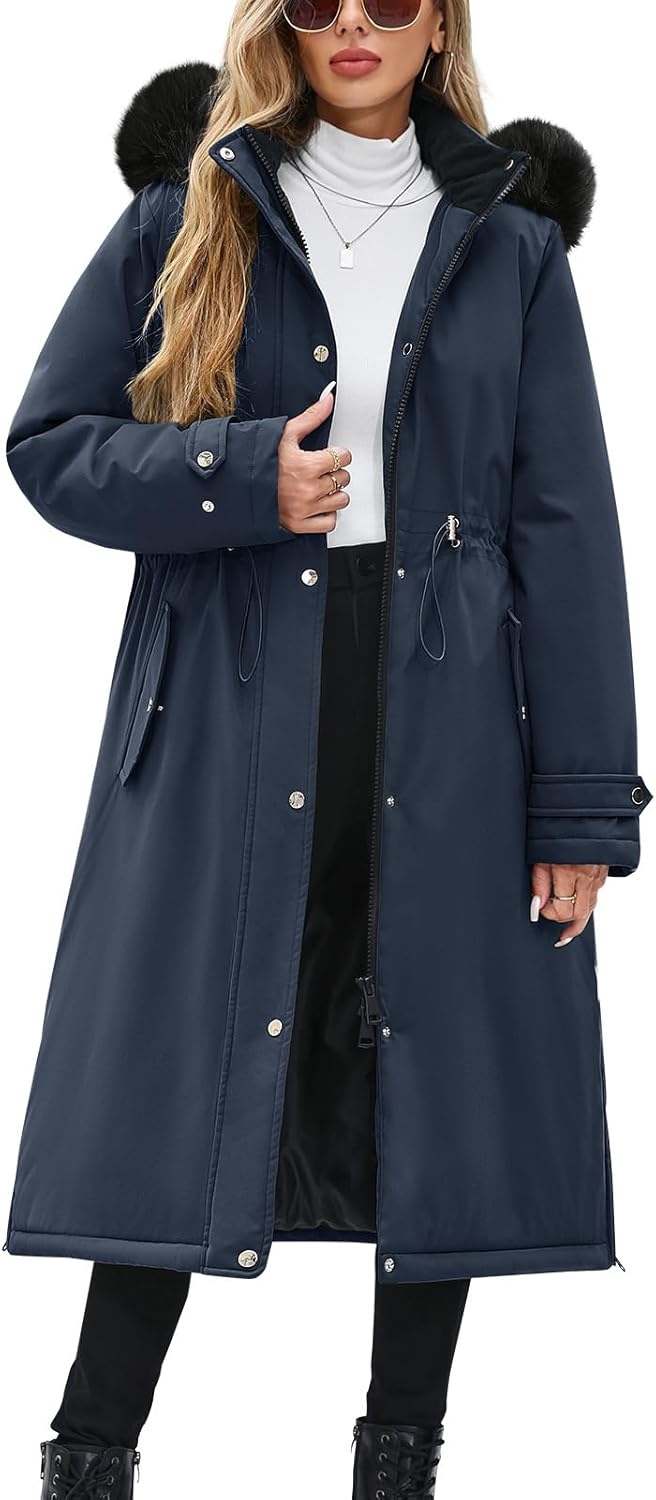 Manteaux longs pour femmes Manteaux longs chauds doublés en polaire d'hiver pour femmes, parka imperméable et coupe-vent, manteau avec fermeture éclair, boutons, cordon de serrage à la taille, avec poches et capuche amovible