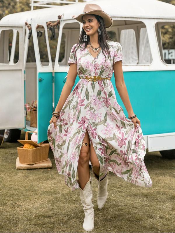 Vestito casual bohémien da donna con stampa floreale e bottoni, vestito da spiaggia estivo da donna con scollo a V, maniche corte, vestito chic e casual.