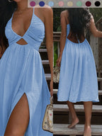 Nuovo abito estivo sexy a portafoglio con scollo a V, gonna spaccata stile spiaggia, abito lungo alla moda da donna, perfetto per le vacanze