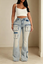 Jeans décontracté femme à poches, délavé et orné de strass