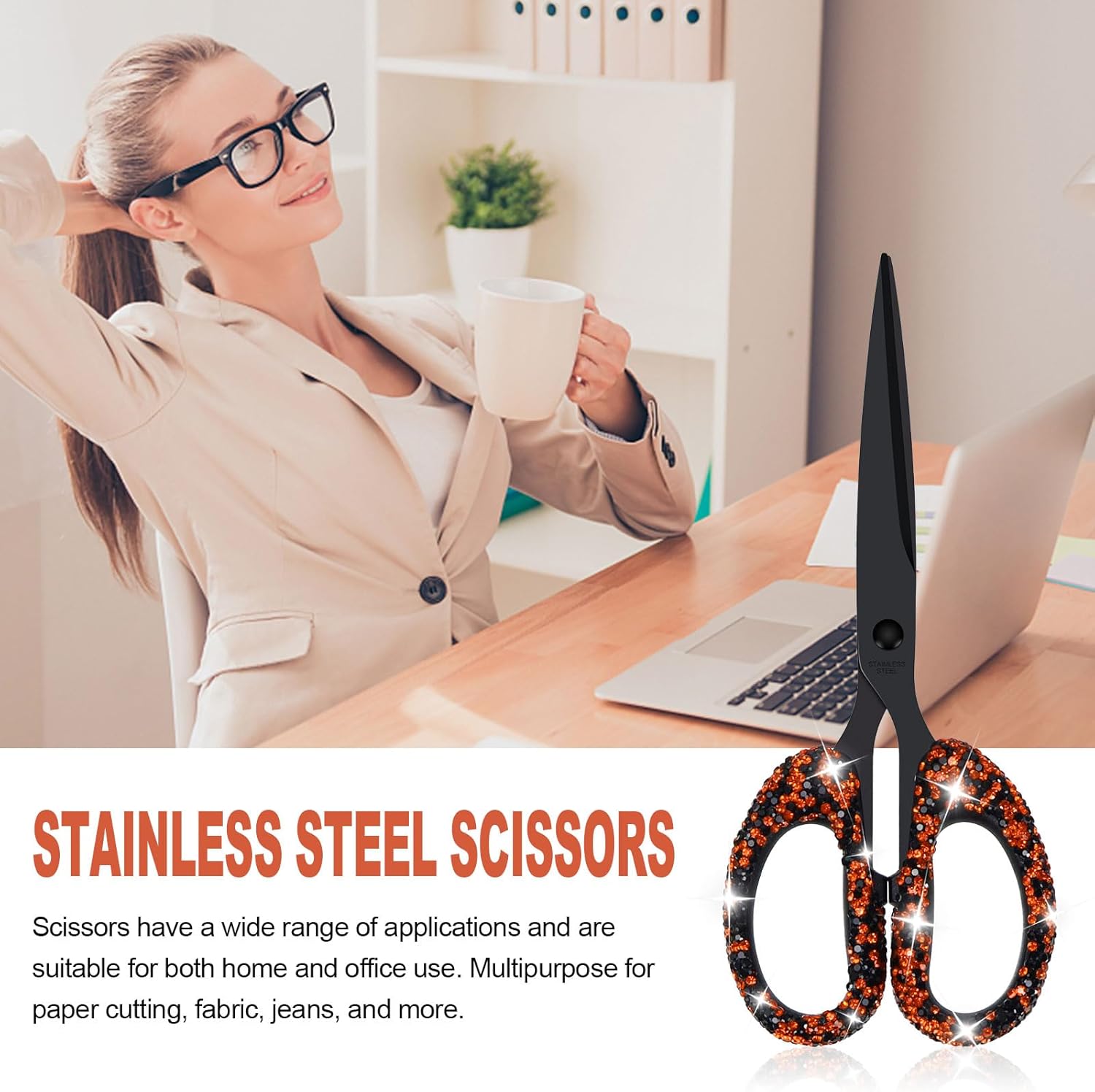 7.68-Inch Rhinestone Scissors - Bling Metal Cute Craft Scissors for School, Office, Halloween - Sparkly Handle Paper Cutter (Orange)