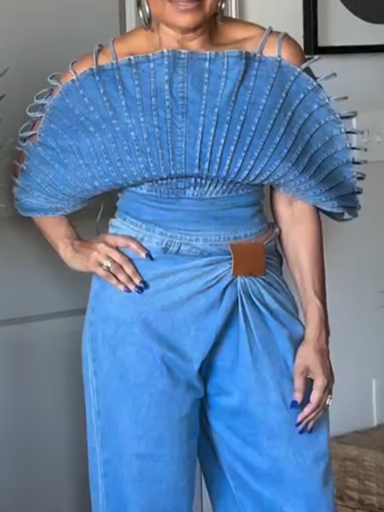 Ensemble décontracté en jean avec caraco coupe éventail et pantalon pour femme