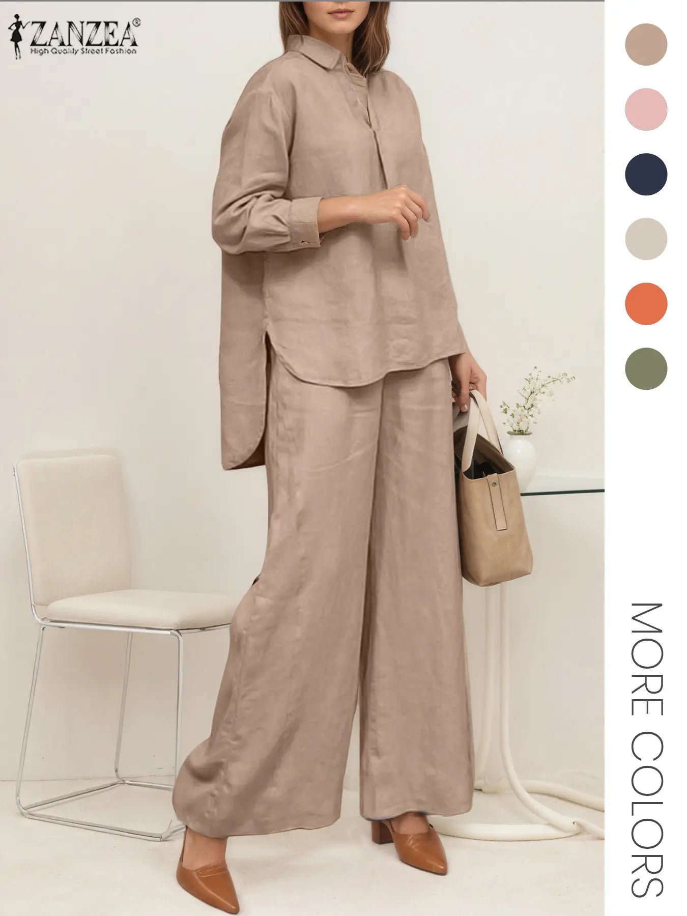 Ensemble deux pièces femme, haut et pantalon large de couleur unie, haut et pantalon décontractés à manches longues pour le quotidien, vêtements pour femmes pour toutes les saisons