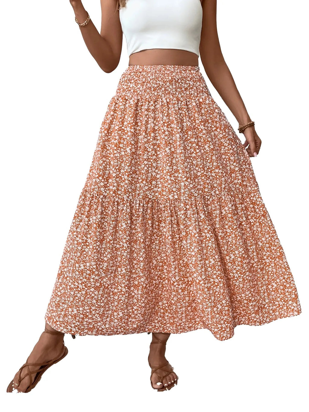 Gonna casual floreale da donna a trapezio, vita elastica con tasche, orlo a foglia, gonna lunga aderente, abito a media lunghezza alla moda