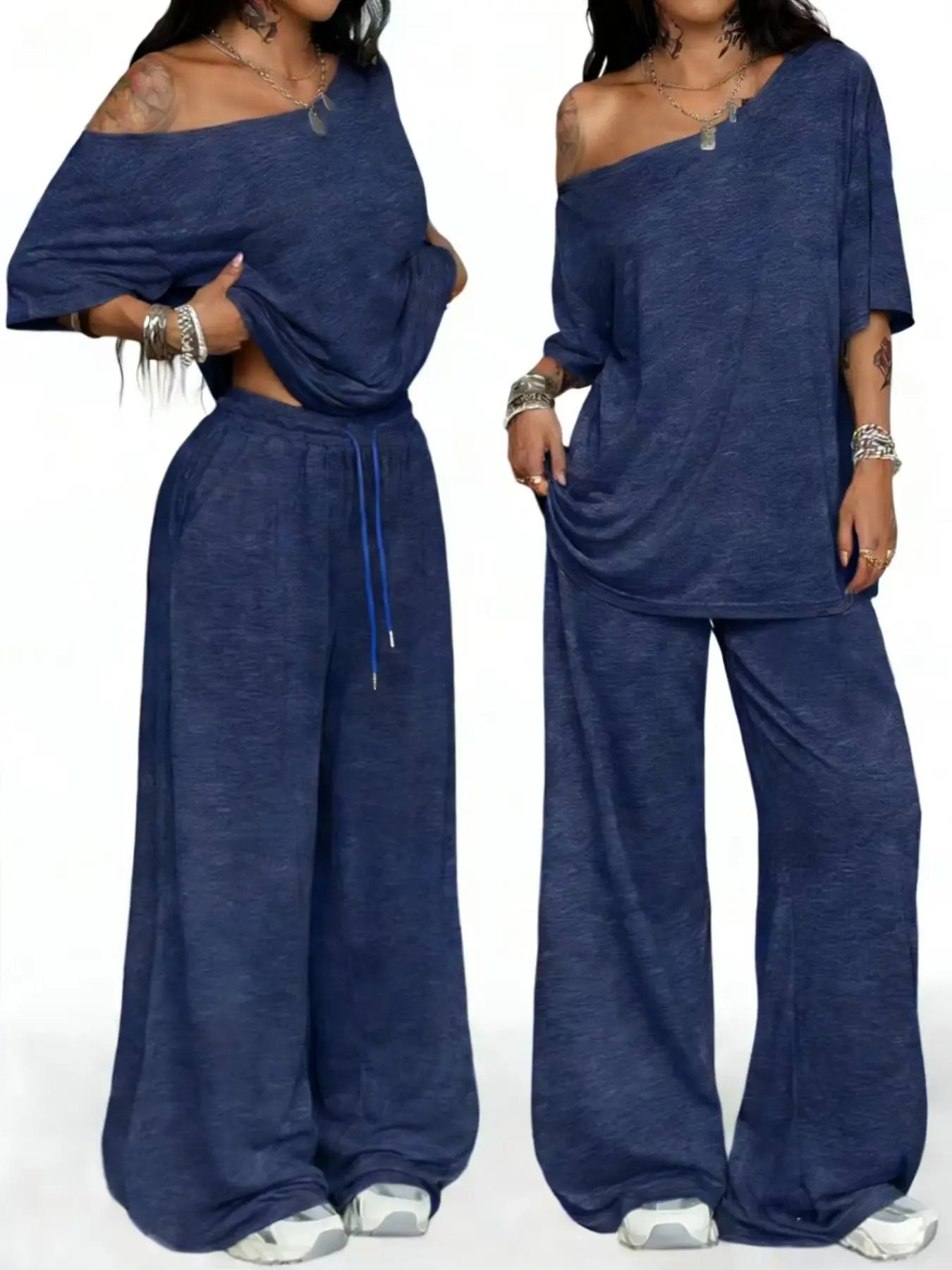 Ensemble deux pièces décontracté de sport de couleur unie pour femme, pantalon long ample et costume à col oblique à jambes larges, mode printemps et automne.