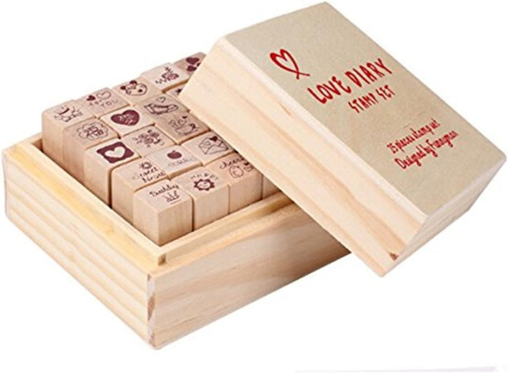 25Pcs Small Heart Shape Wooden Rubber Stamps with Box Mini Cute DIY Diary Stamps Set for Craft Decorating Scrapbooking and Wedding Invitation Cards (Red 25pcs Love)