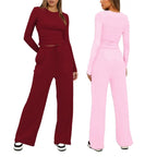 Completo da Casa da Donna Tinta Unita con Arricciature e Coulisse, Top Casual a Maniche Lunghe con Scollo Rotondo e Pantaloni a Gamba Larga con Tasche, Pigiama da Donna per Tutte le Stagioni