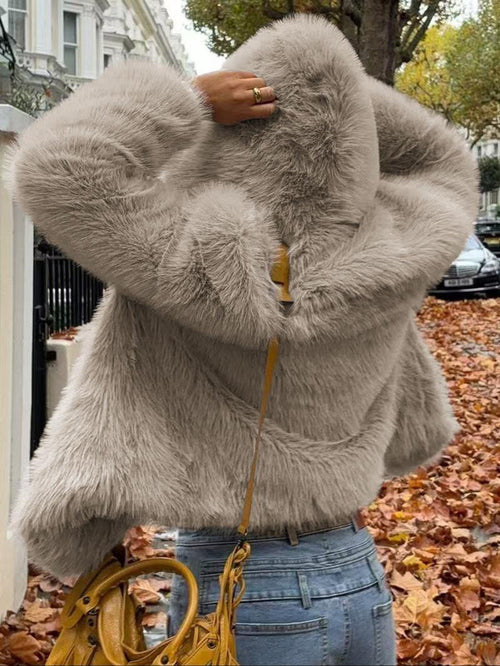 Veste à capuche en fausse fourrure décontractée pour femmes, style court, pour l'automne et l'hiver, épaisseur de tissu modérée, coupe ajustée, couleur marron café, manteau d'extérieur basique